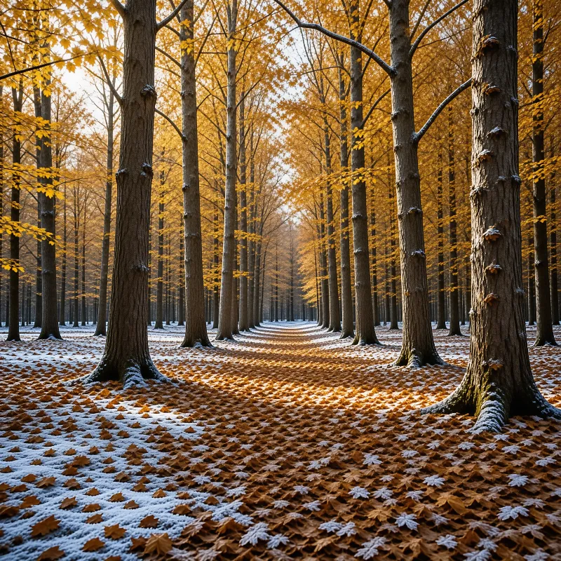 Tall trees with bright yellow autumn leaves line a straight path covered in fresh snow and fallen brown leaves.