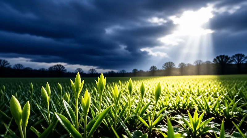 A field of bright green young plants stretches toward a dark horizon while sunbeams break through heavy storm clouds.