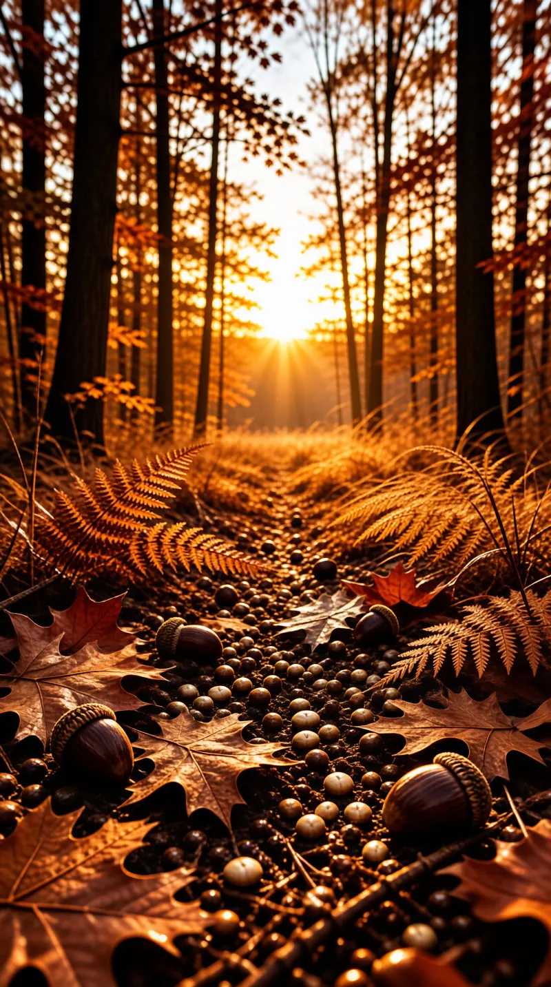 Golden sunbeams light a woodland trail strewn with acorns oak leaves and ferns in autumn