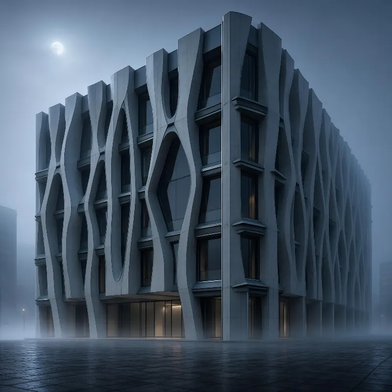Futuristic Concrete Building in Fog