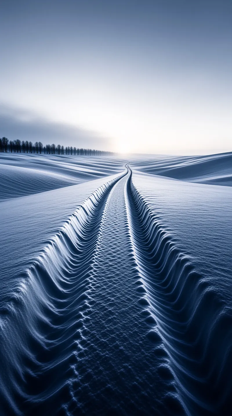 A winding track cuts through sculpted snowbanks under a cool blue sky with a distant treeline visible.