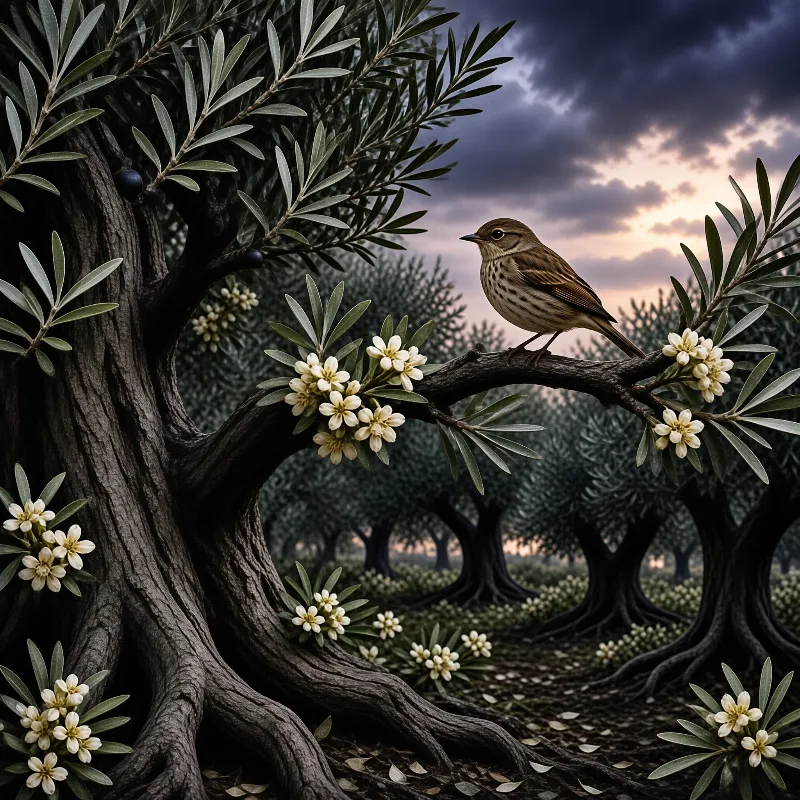 A brown songbird rests on a gnarled olive branch covered in small white blossoms against a moody sky.