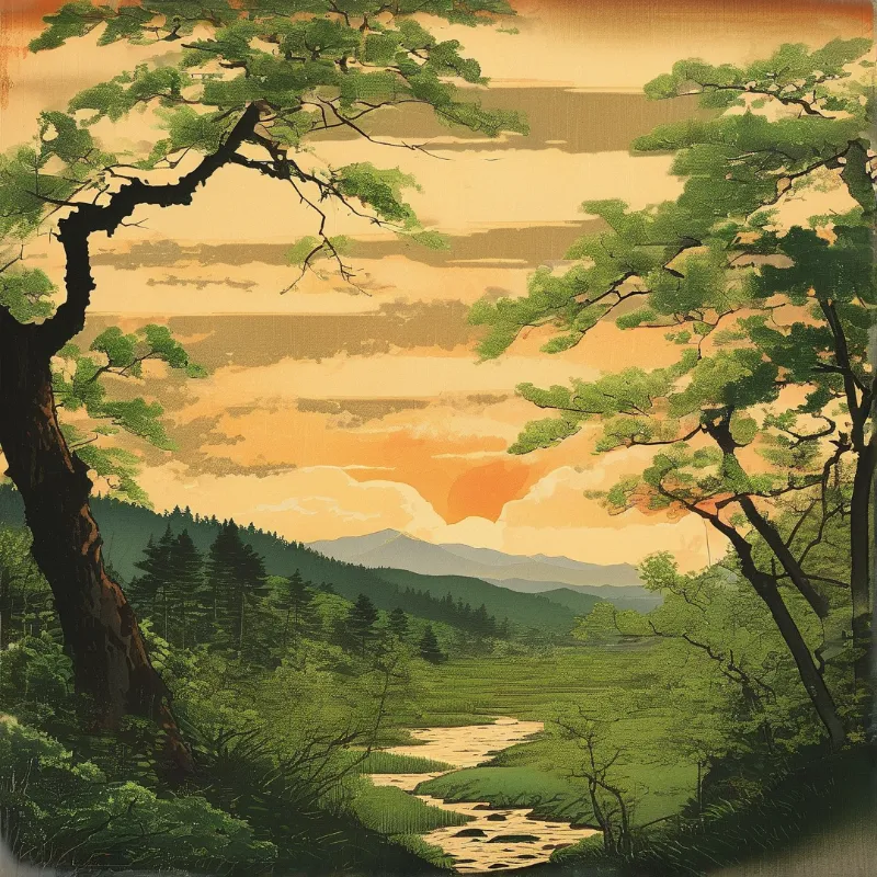 A winding stream flows through a green valley flanked by large trees under a warm sunset sky.