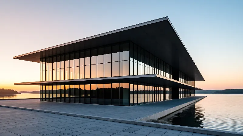 A large glass building with a wide roof extends over a paved area into a calm lake during sunset light.
