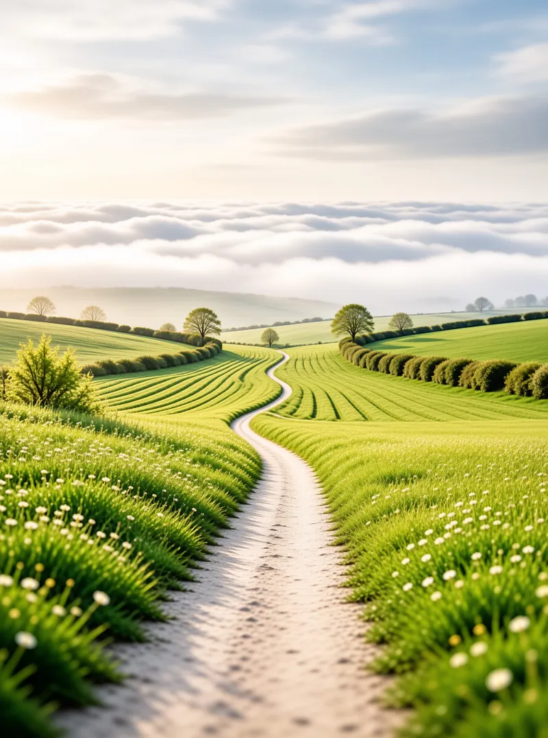 A pale path curves between lush green hills dotted with wildflowers toward a white sea of clouds.