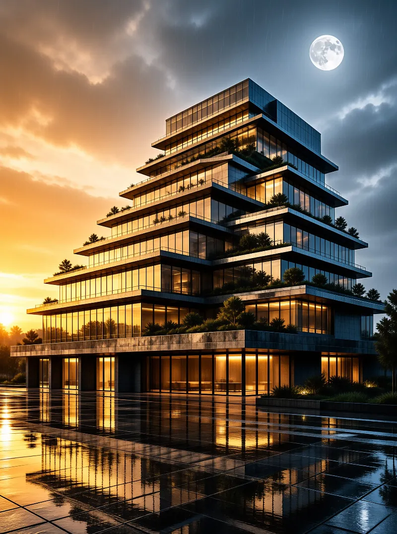 A multi-story glass building with rooftop gardens reflects on wet pavement beneath a cloudy sky and bright moon.