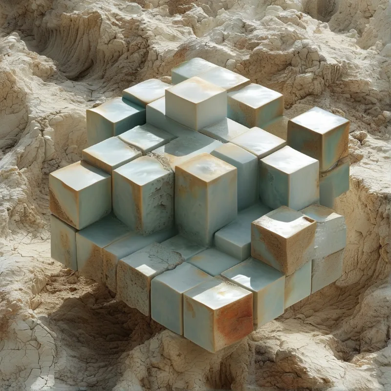 Pale blue cubic blocks rest amidst dry, textured earth and rocky formations under bright sunlight.