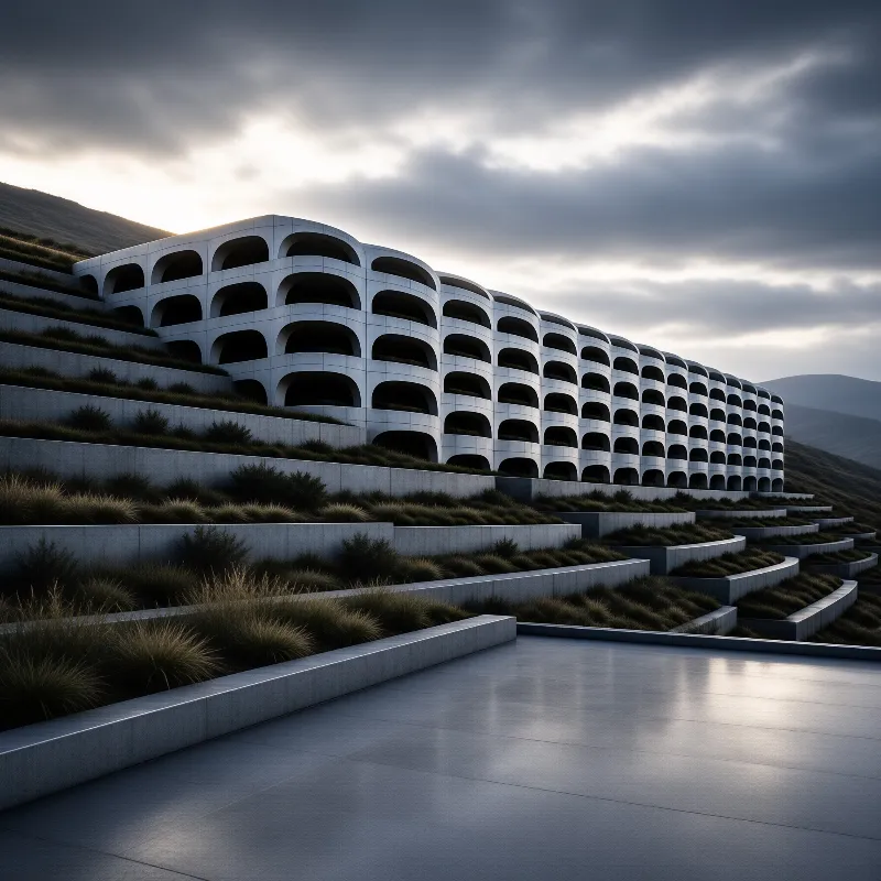 Rows of deep arched openings sweep along a pale concrete building set into terraces of ornamental grass.