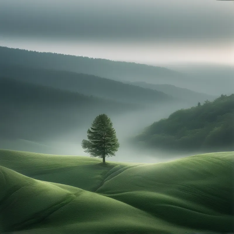 Solitary Tree on Misty Hills
