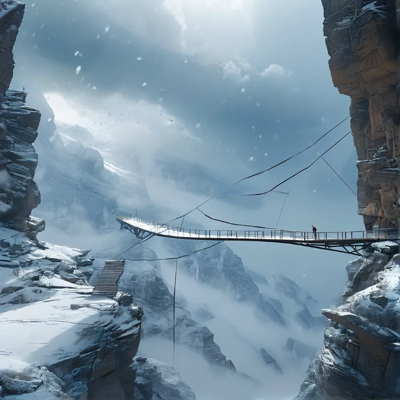 A solitary figure stands on a suspended walkway connecting two steep cliffs amidst a blizzard and thick fog.