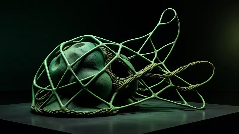 A textured green brain-like object rests on a dark surface, encased by a green wireframe structure with twisted fibers.