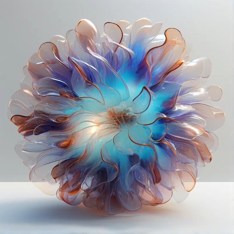 A blue and amber glass sculpture resembling a flower sits on a plain surface with glossy highlights and soft shadows.