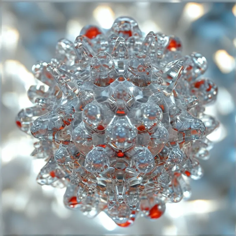 A transparent faceted sphere with red accents floats against a softly blurred background with bright bokeh lights.