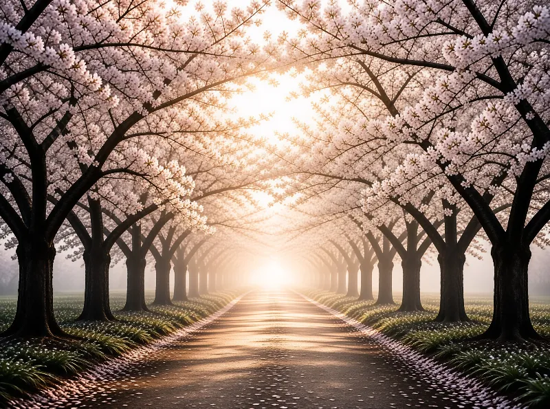 Sunlit Cherry Blossom Path