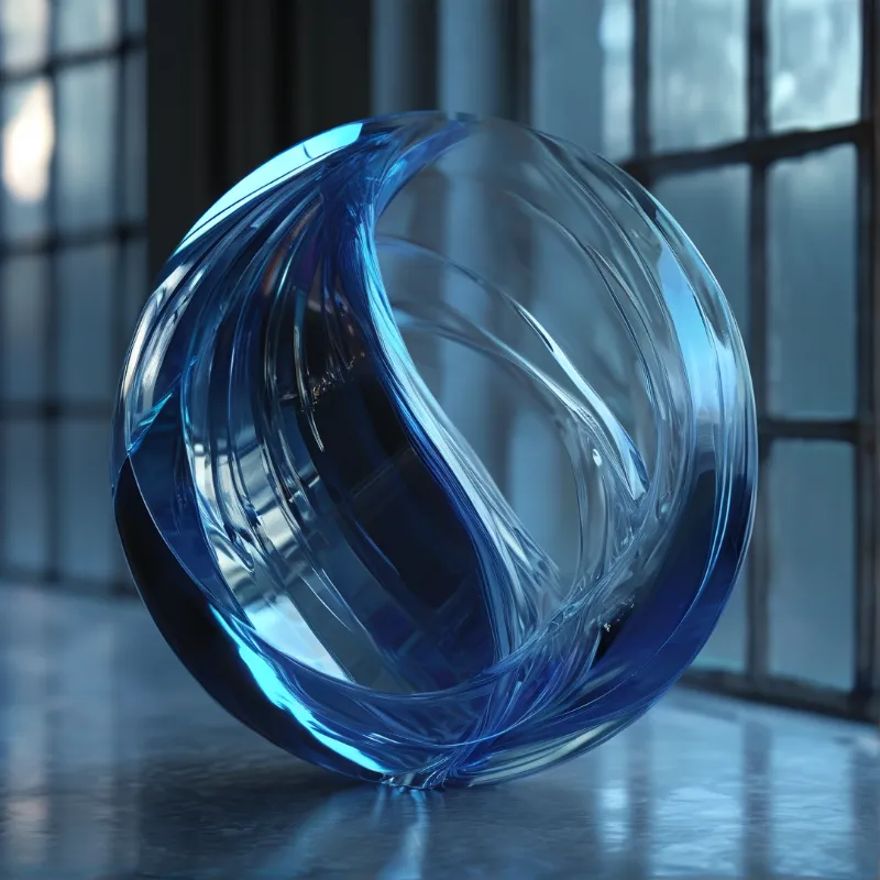 A translucent blue glass sphere with swirls sits on a reflective floor near grid windows.