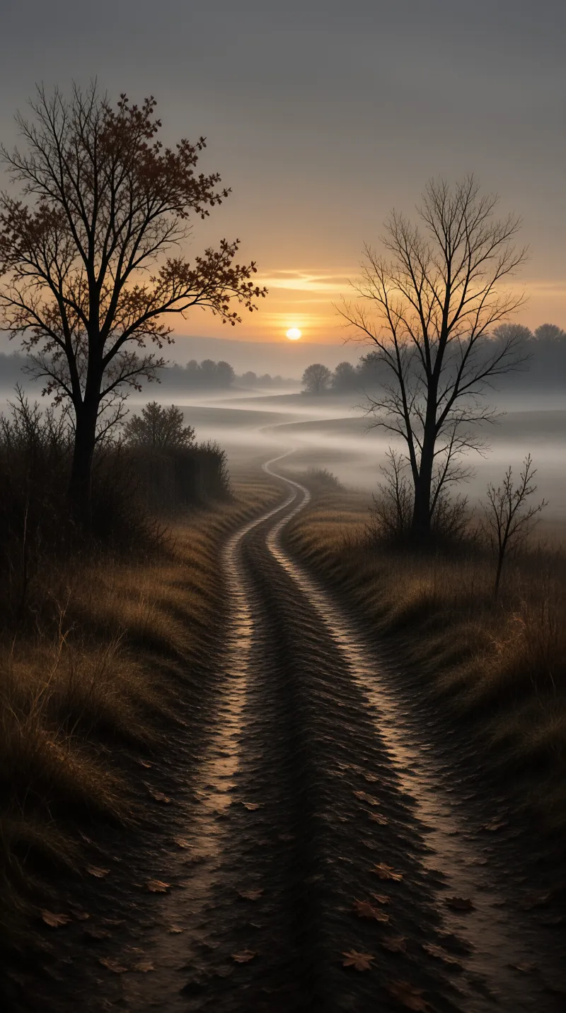 A rutted dirt path winds through foggy fields toward a low golden sun between bare autumn trees.