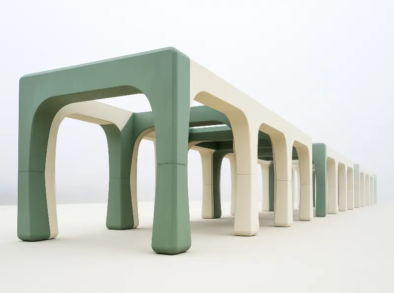 A row of thick, rounded arches in sage green and cream recedes into a seamless white background with soft lighting.