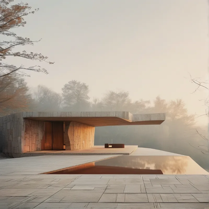 Low concrete building with wood doors sits beside a reflective pool while fog covers surrounding trees in soft light.