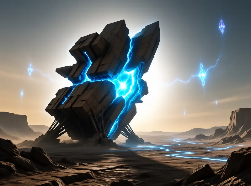 Massive blocks of grey rock hover apart over an arid basin, cracked open by glowing electric energy.