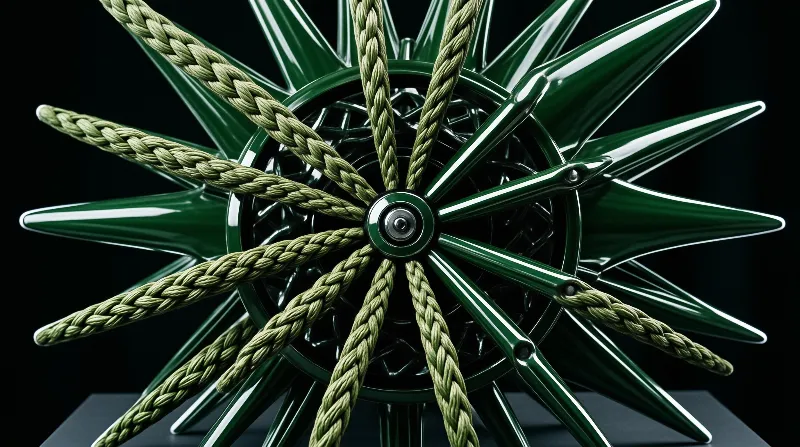 A glossy green ship wheel wrapped with light green rope stands centered in darkness with bright artificial lighting.