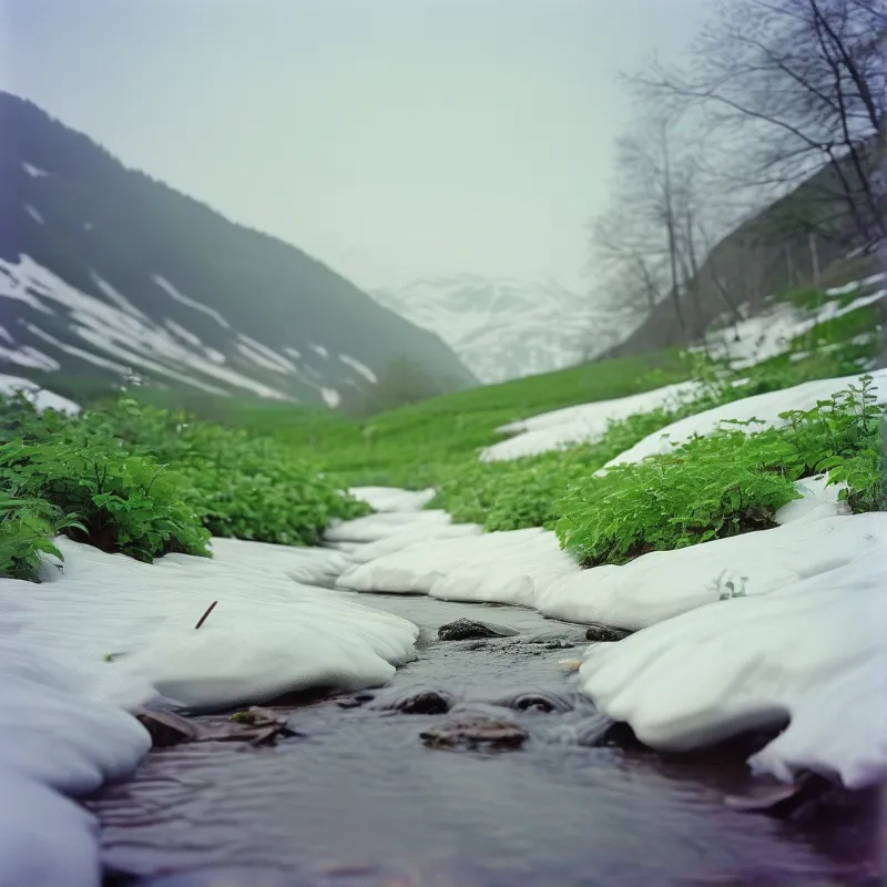A view of a dark stream flowing between white snow patches and green plants in a misty mountain valley.