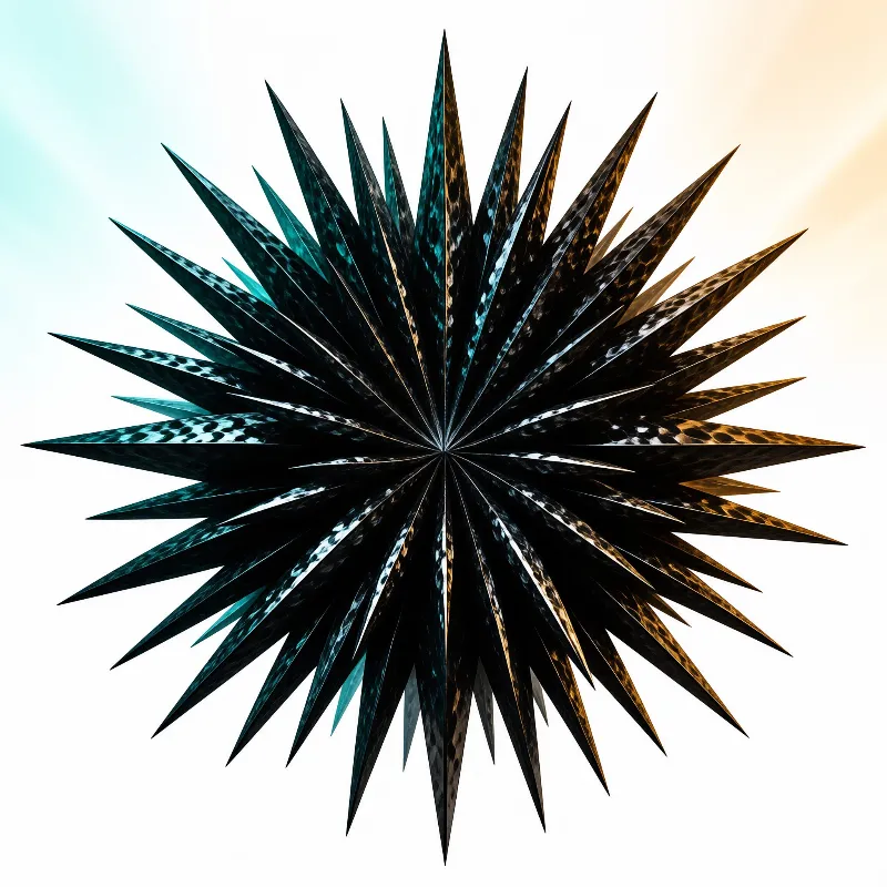A spiky metallic shape radiating outward with colors shifting from teal to gold against a soft pastel background.