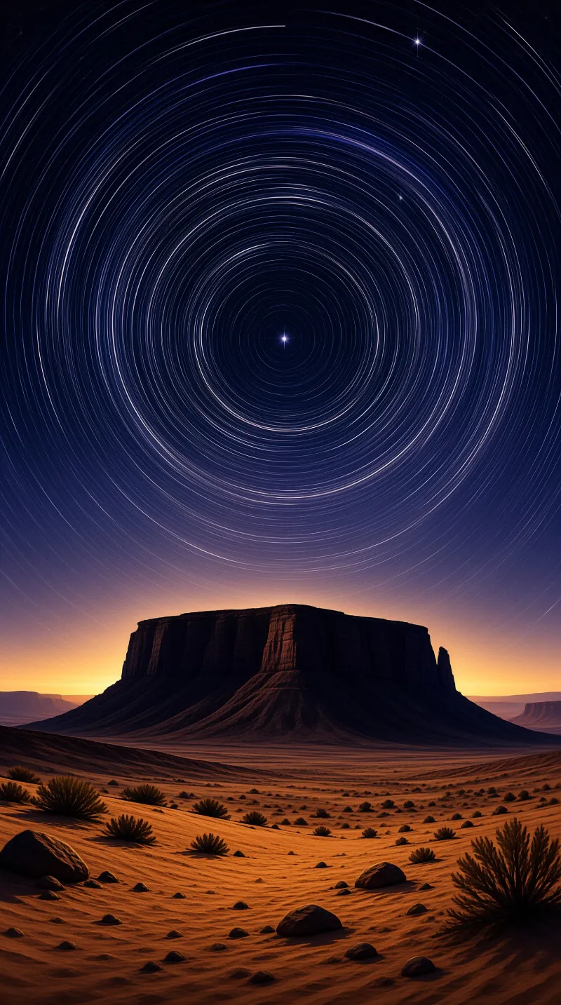A flat topped mesa silhouettes against a glowing dusk horizon beneath concentric rings of circling night star trails.