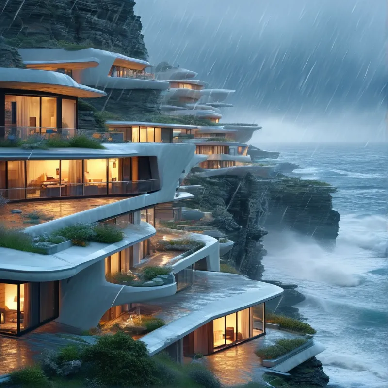 Sculpted white balconies step down a dark rock face toward storm driven surf while interior lights shine amber.