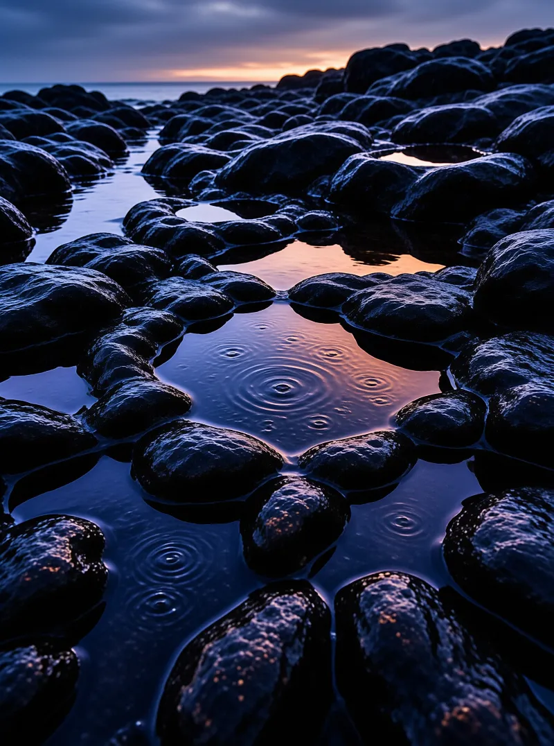 Dark wet stones surround pools of water reflecting the orange sunset sky with concentric ripples.