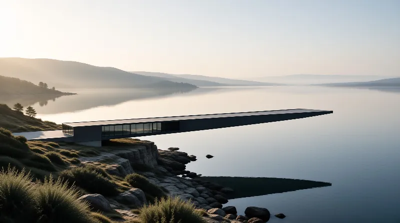 A long low building extends from a rocky shore across a calm lake under a pale hazy sky.