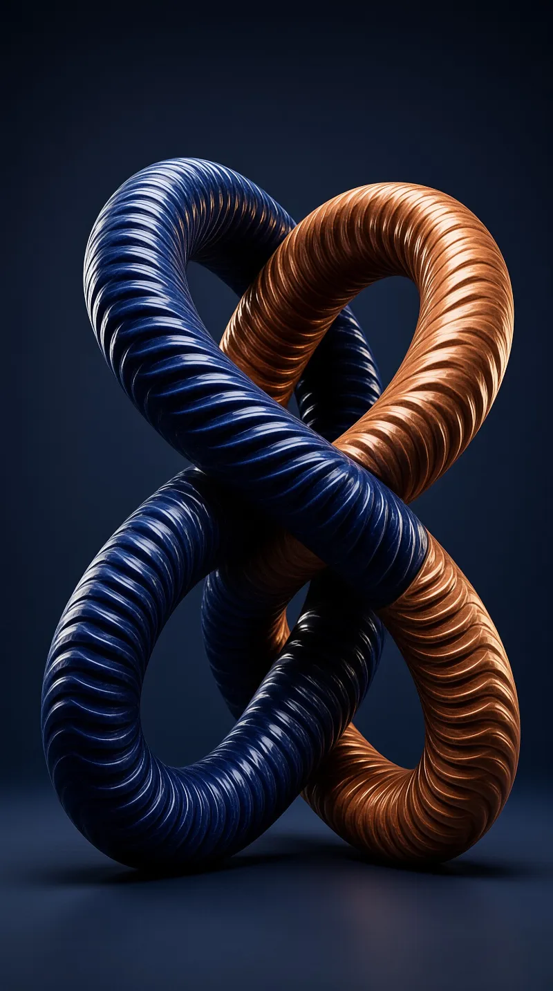 Interlocking ribbed tubes form a knot shape with glossy blue and copper surfaces against a dark gradient.