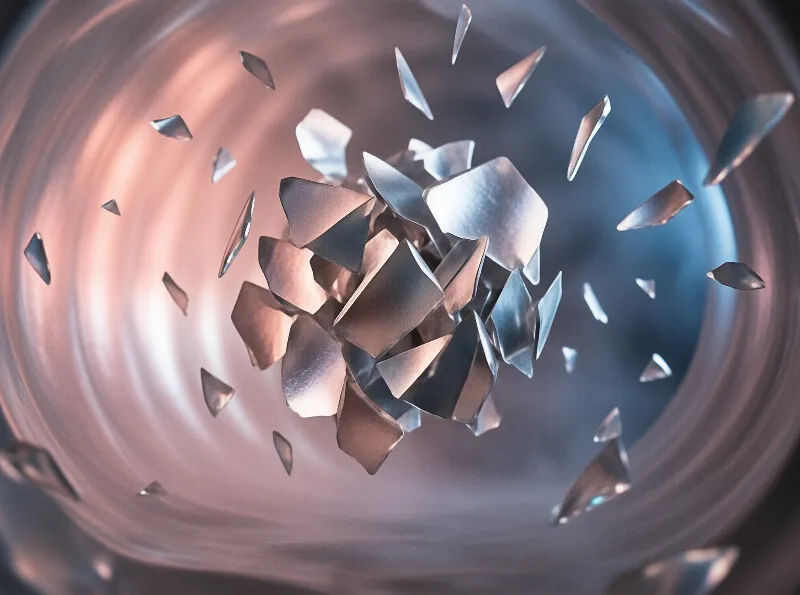 Angular metallic shards burst outward against a blurred background of pink and blue swirling gradients.