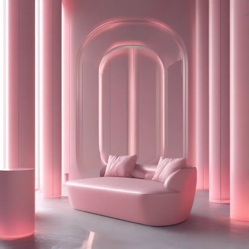 A plush pink loveseat sits centered in a futuristic room featuring tall vertical columns and glowing arched recesses.