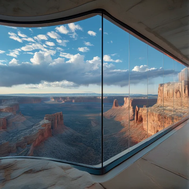 A large curved glass window looks out onto a vast desert canyon with red rock formations and a blue sky filled with white clouds.