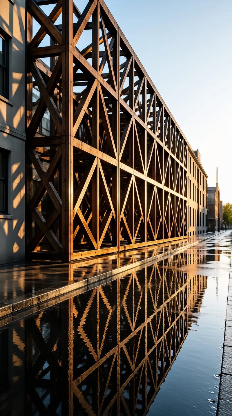 Angled wooden beams form a geometric screen along a building, mirrored in a shallow reflecting pool lit by low golden sun.