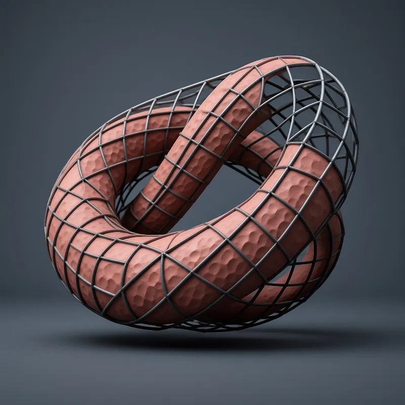 A textured terracotta torus wrapped in a dark wire mesh casts a shadow on a dark grey surface under cool studio lighting.