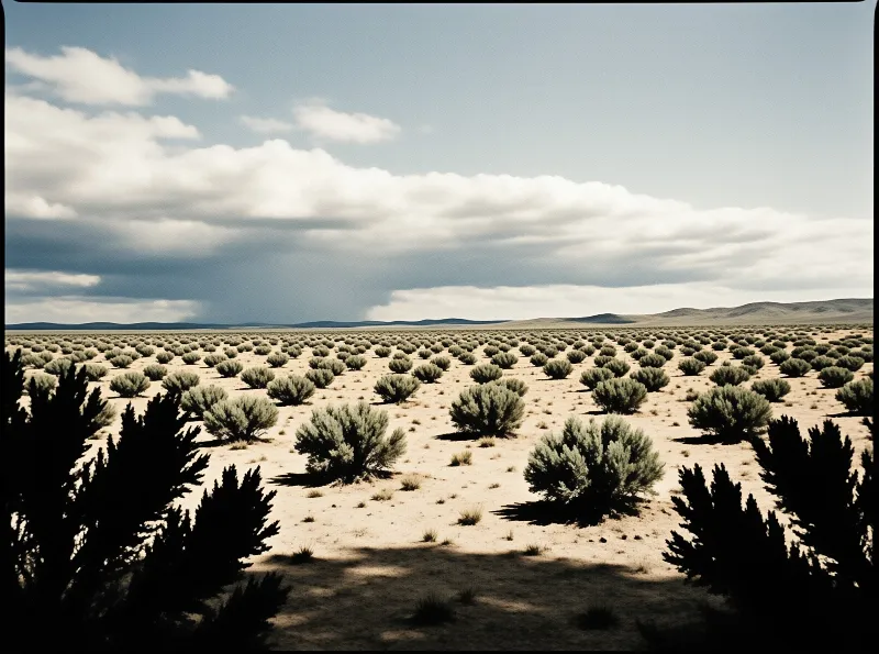 Rows of rounded shrubs pattern a desert landscape extending to distant hills below dramatic clouds.