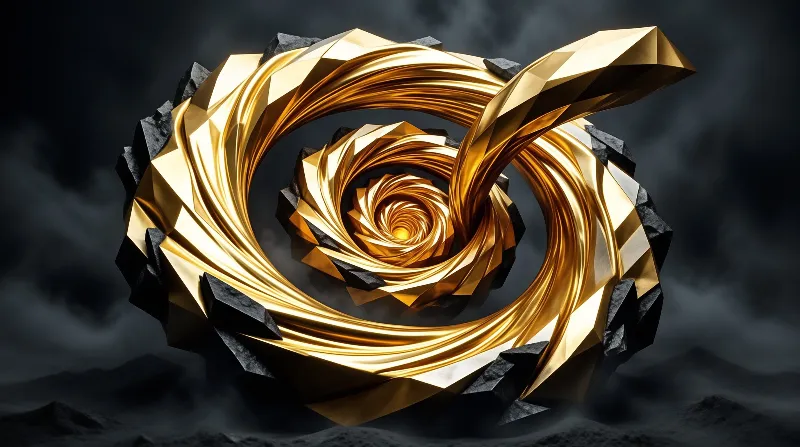 A sharp faceted spiraling gold geometric form floats above dark jagged volcanic obsidian terrain in moody soft lighting.