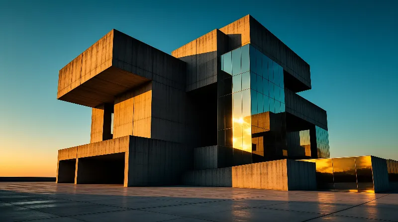 Modern brutalist building features cantilevered concrete sections and glass panels reflecting the orange sky
