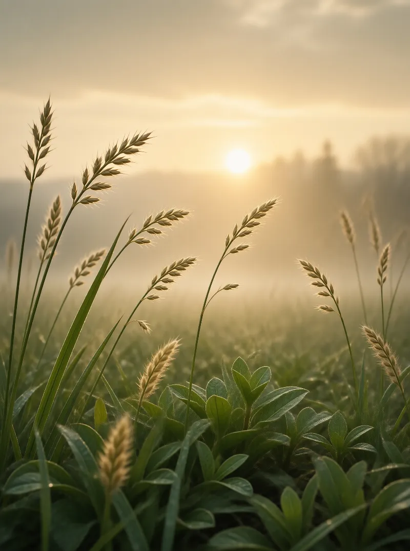 Sunlit Grasses in Mist