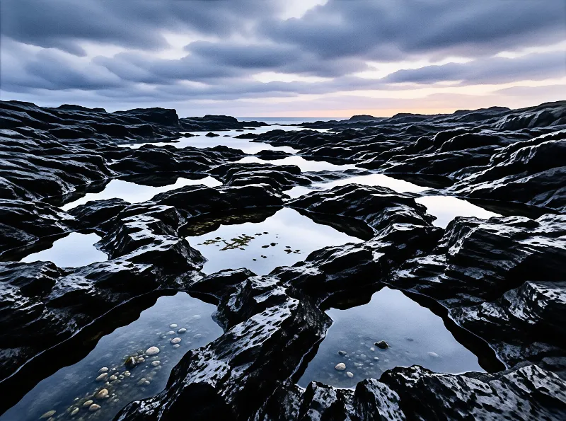 Dark rocky coastline features shallow tidal channels mirroring the overcast evening horizon.