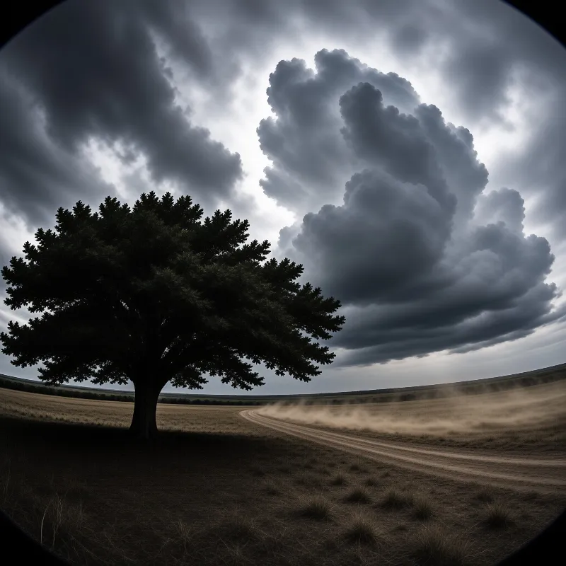A dark lone tree rises beside a dusty road as heavy storm clouds gather over a dry golden field.