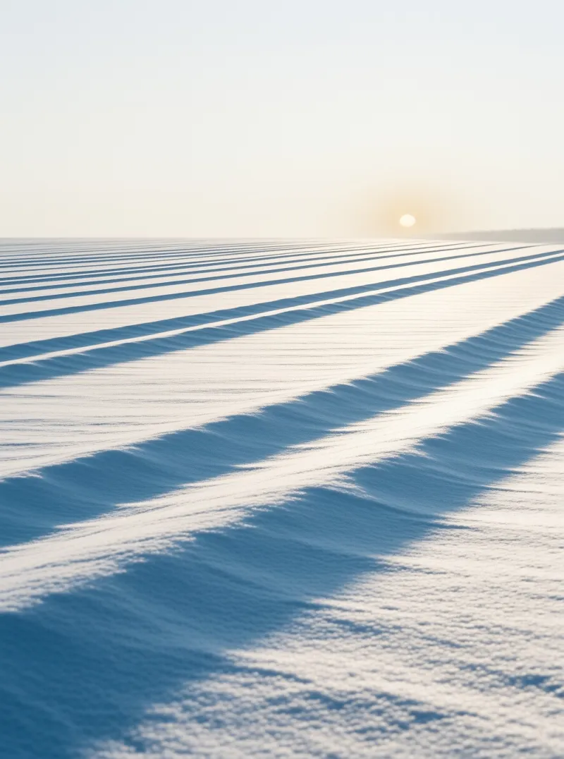 Wide open snow covered field with long parallel plow marks stretching toward the pale rising sun at the distant horizon.