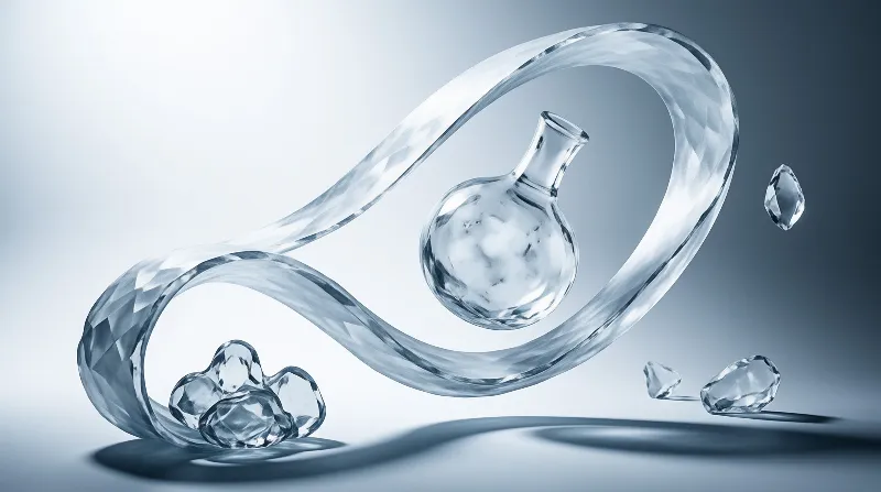 A transparent flask floats centrally within a large looping ribbon of clear fluid against a soft blue gradient background.