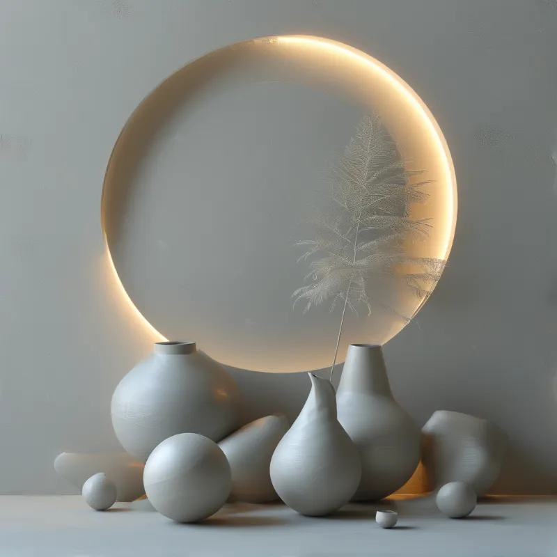 Assorted grey ceramic vessels sit before a circular light fixture casting a warm glow on a textured wall.