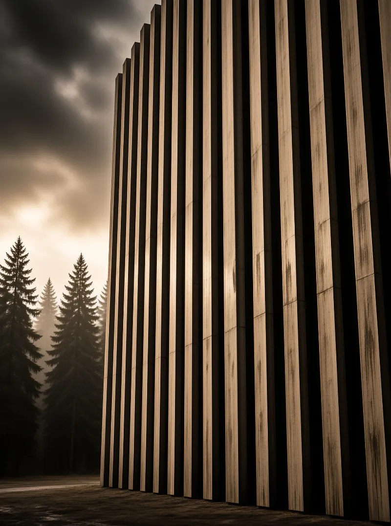 Tall vertical wooden beams rise on the right while dark evergreen trees stand in a misty background.