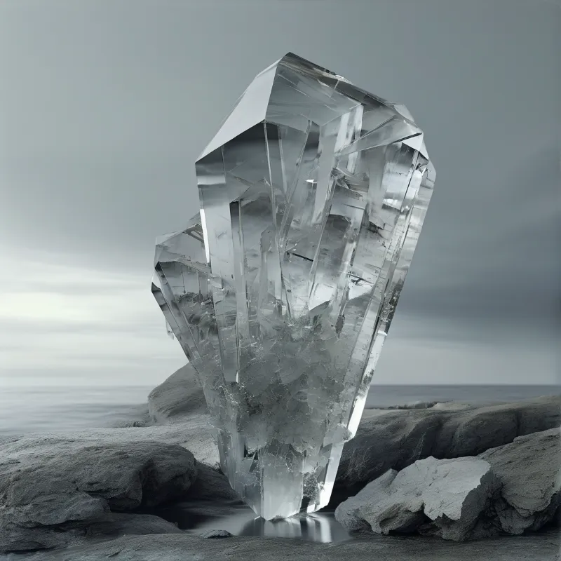 A massive translucent crystal rises from dark rocks beside a flat sea under a grey overcast sky.