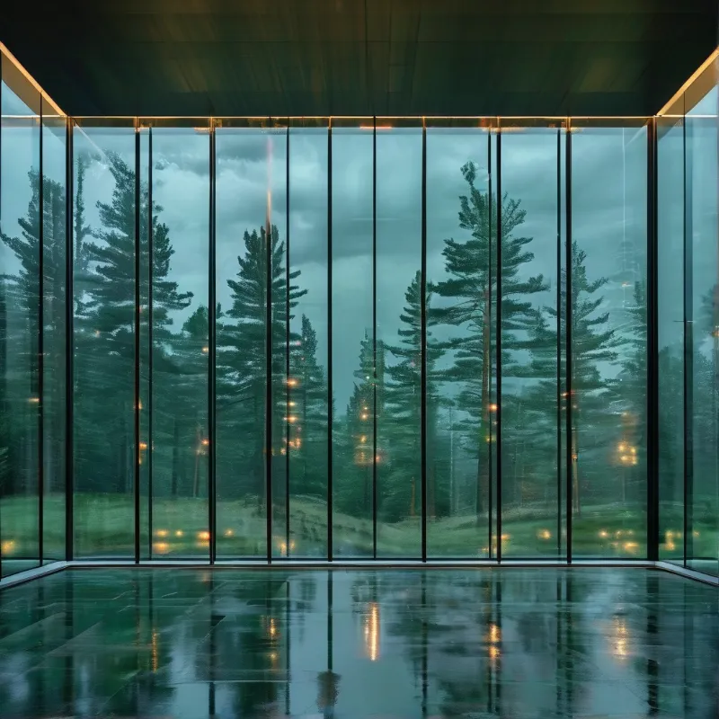 A polished floor reflects a glass wall opening onto a forest of tall evergreens illuminated by scattered lights at dusk