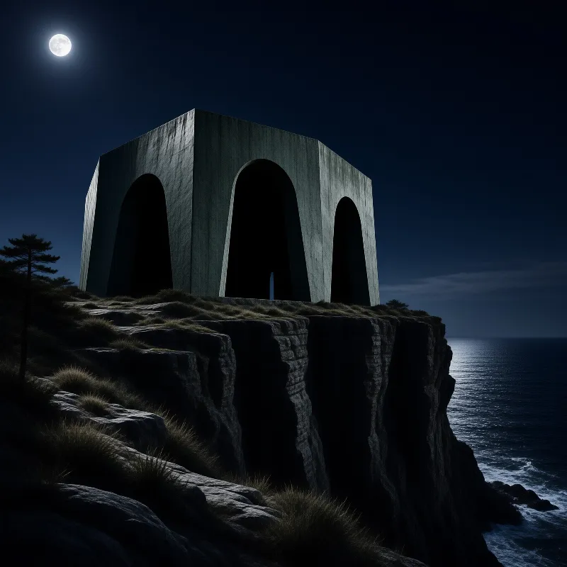 A colossal block pierced by tall arches stands on a dark headland above the moonlit ocean.