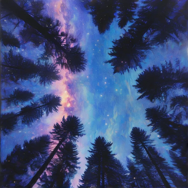 Low angle shot through dark conifer silhouettes looking up at a bright starry sky where the Milky Way glows purple and blue.